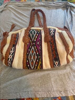 Shearling Handwoven Cream & Brown Boho Tote Bag with Multicolor Stripe